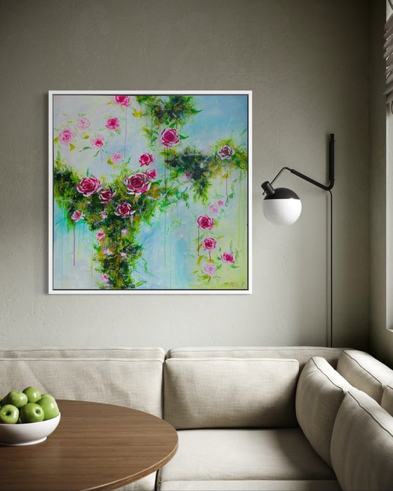 “Trailing roses” 100x100cm large acrylic