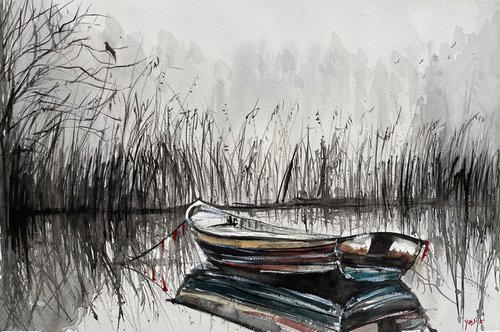 boat in the river by Yossi Kotler