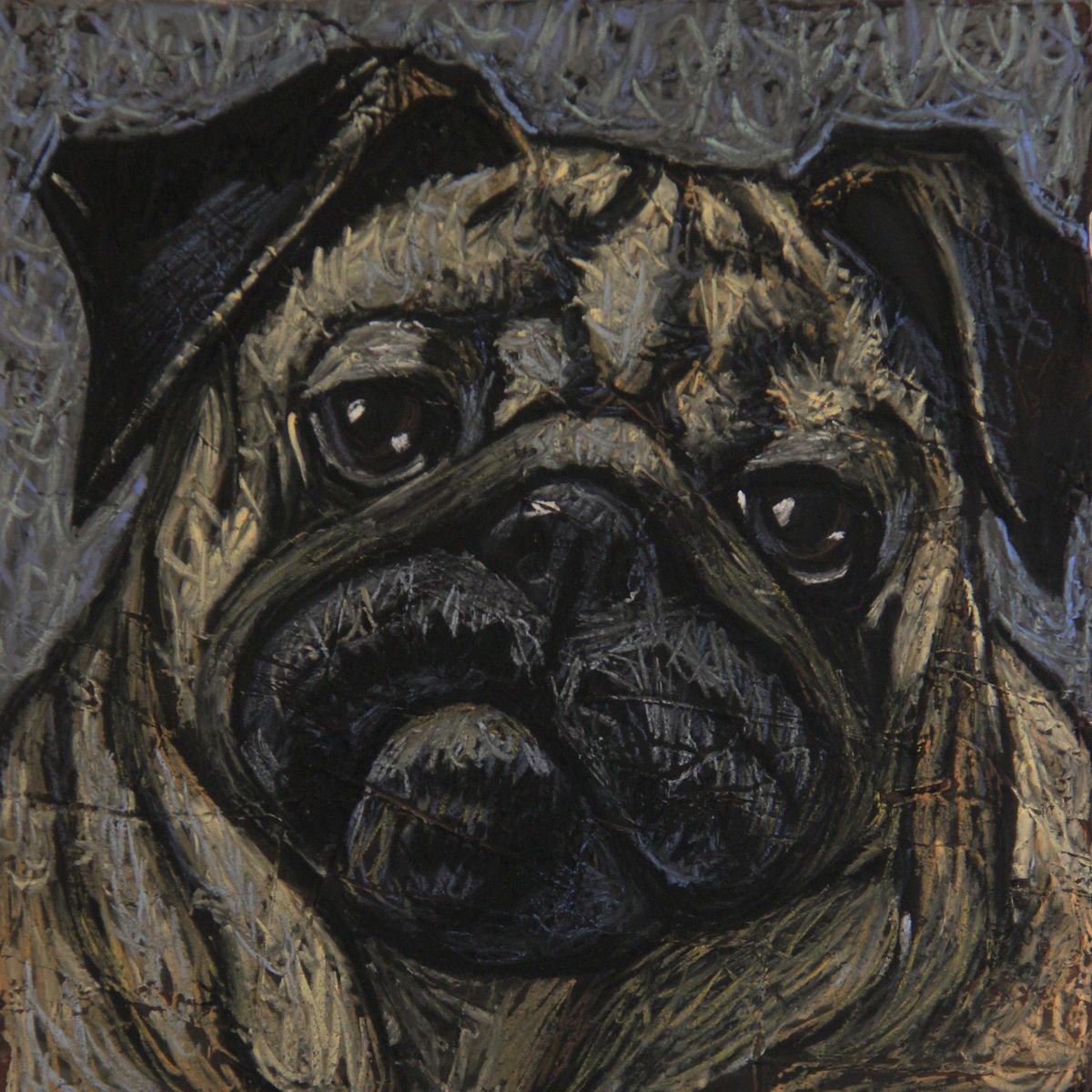 Pug on dark background by Natalia Leonova