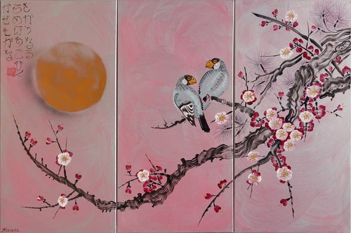 Japanese sakura J320 - large silver pink triptych, original art, japanese style paintings by artist Ksavera by Ksavera