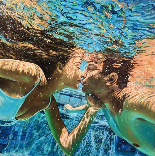 Freedom and love - Original oil painting; Underwater; seascape; Pool; Splash; Summer; Nautical; Oil painting; Waves; Sea; Ocean by Daria Dudochnykova