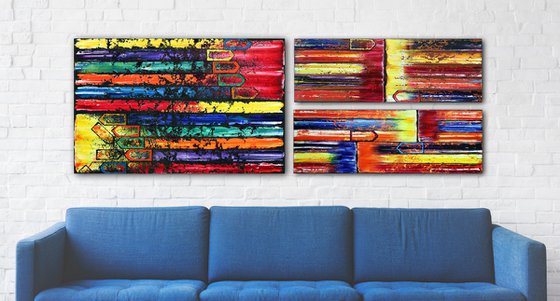 "The Grown-Ups Are Talking" - Original Xt Large PMS Abstract Triptych Oil Paintings On Canvas and Recycled Wood - 76" x 26"