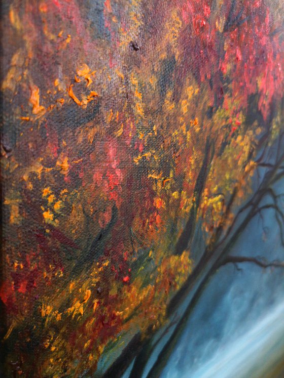 Reflection of autumn, oil painting, original gift, Autumn landscape, Landscape with foghome decor, Bedroom, Living Room, Blue, Leaves, yellow, reflection in water, Lake, Trees, Fog, driftwood, Witchcraft