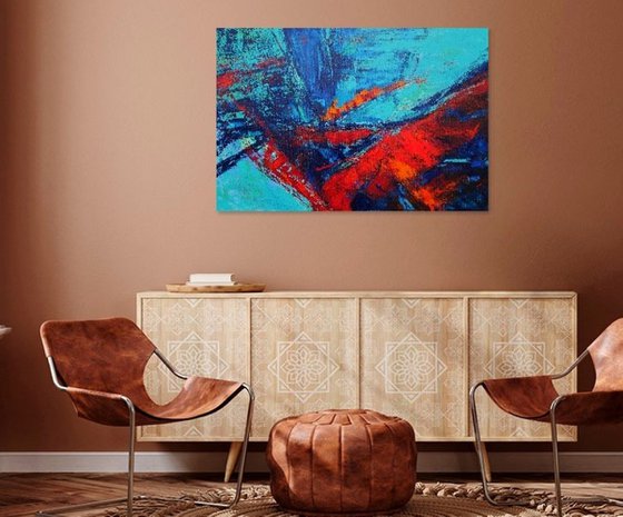 Large Abstract Blue Turquoise Red Landscape Painting. Modern Textured Art. Abstract. 61x91cm.