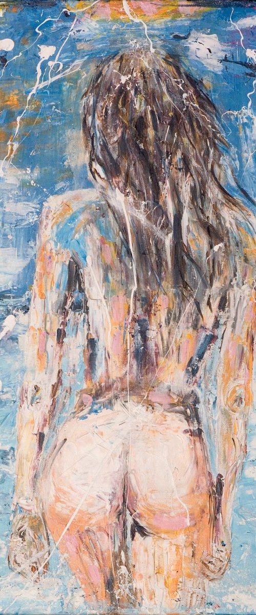 Nude: Going for a swim 70 x 100 x 4 cm. Beach female nude sea. by Oswin Gesselli