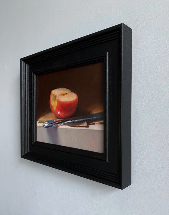 Apple Half, with Silver Knife; Framed & ready to hang home decor gift oil painting.