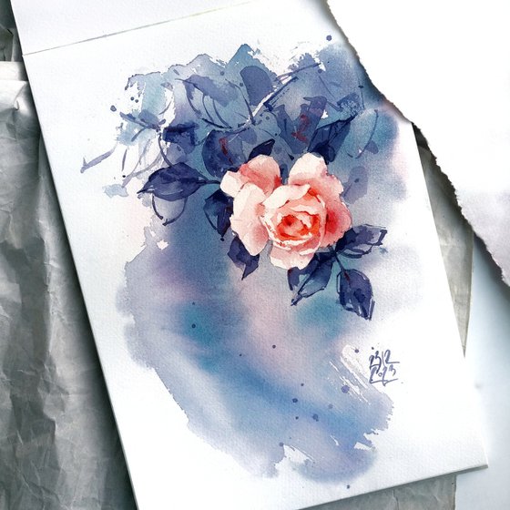 "Twilight in the garden" - original watercolor orange rose sketch
