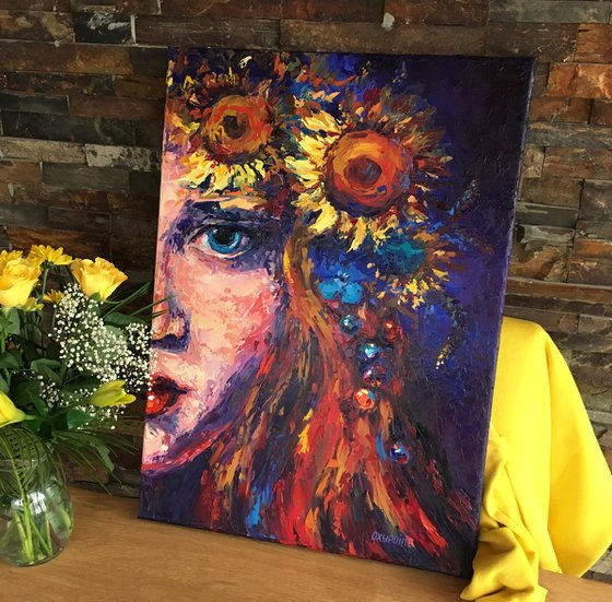 "Girl with a wreath of sunflowers"