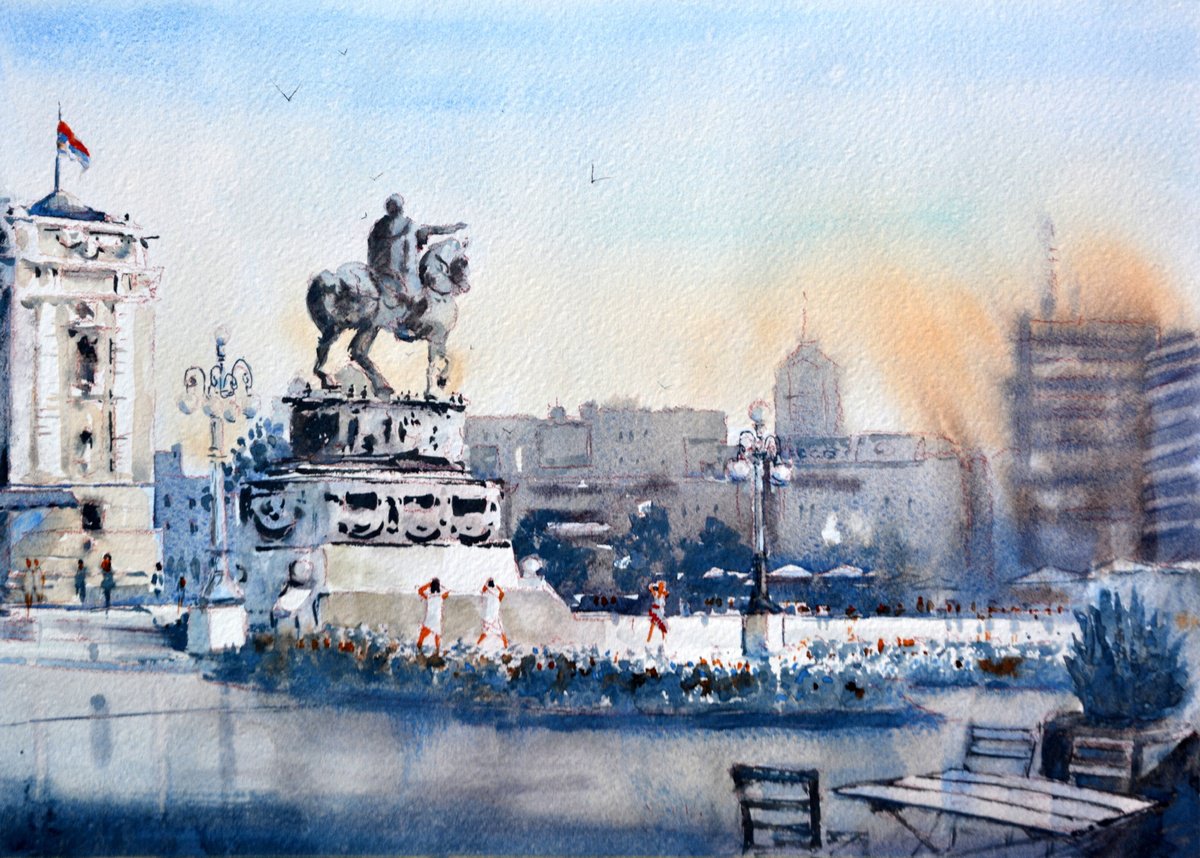 Impressionistic Cityscapes Watercolour By Nenad Kojic, 15 X 11", Blue Day At Old Republic Squar, Original Artwork