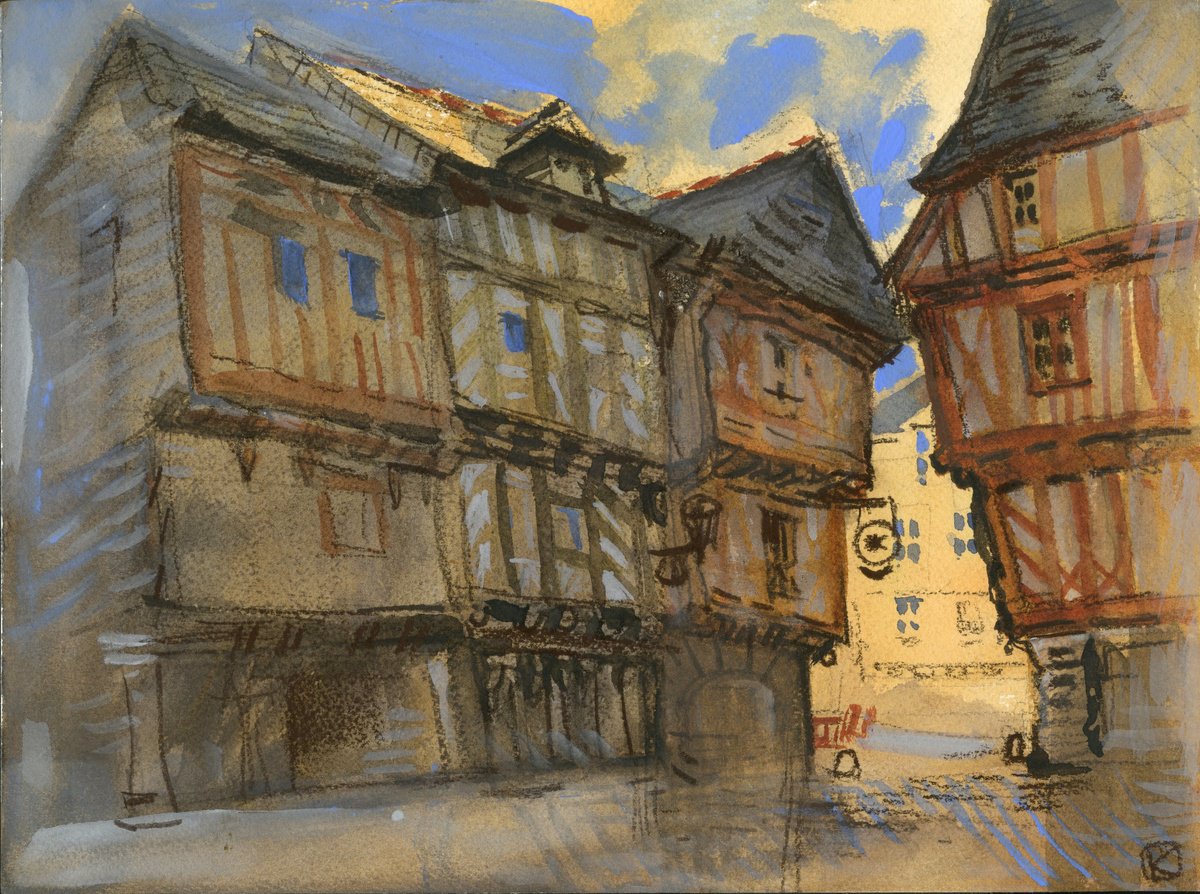 Impressionistic Cityscapes Painting By Olga Kataeva-Rochford, 12 X 9", Vannes. Half-Timbered Houses, Original Artwork