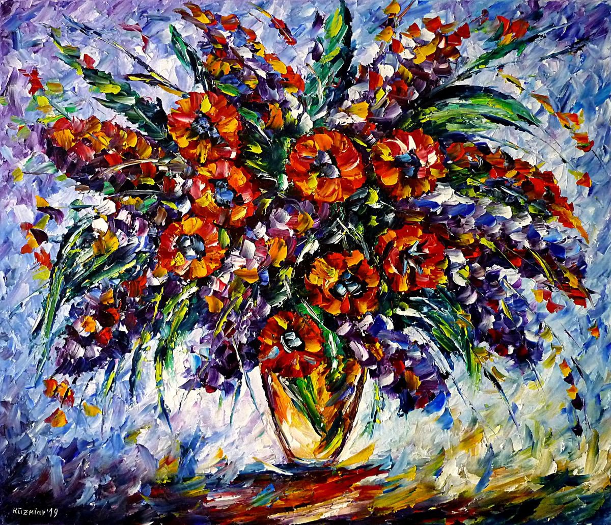 Expressive Botanical Oil Painting By Mirek Kuzniar, 28 X 24", Romantic Moment, Original Artwork