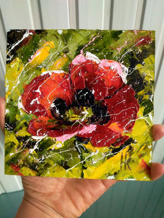 Poppy Painting Floral Original Art Abstract Red Flower Small Oil Impasto Pallete Knife Artwork Home Wall Art 6 by 6" by Halyna Kirichenko