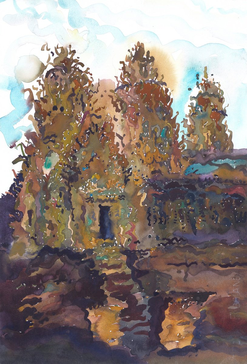 Impressionistic Cityscapes Watercolour By Tanbelia, 15 X 22", Angkor Wat Temple, Original Artwork