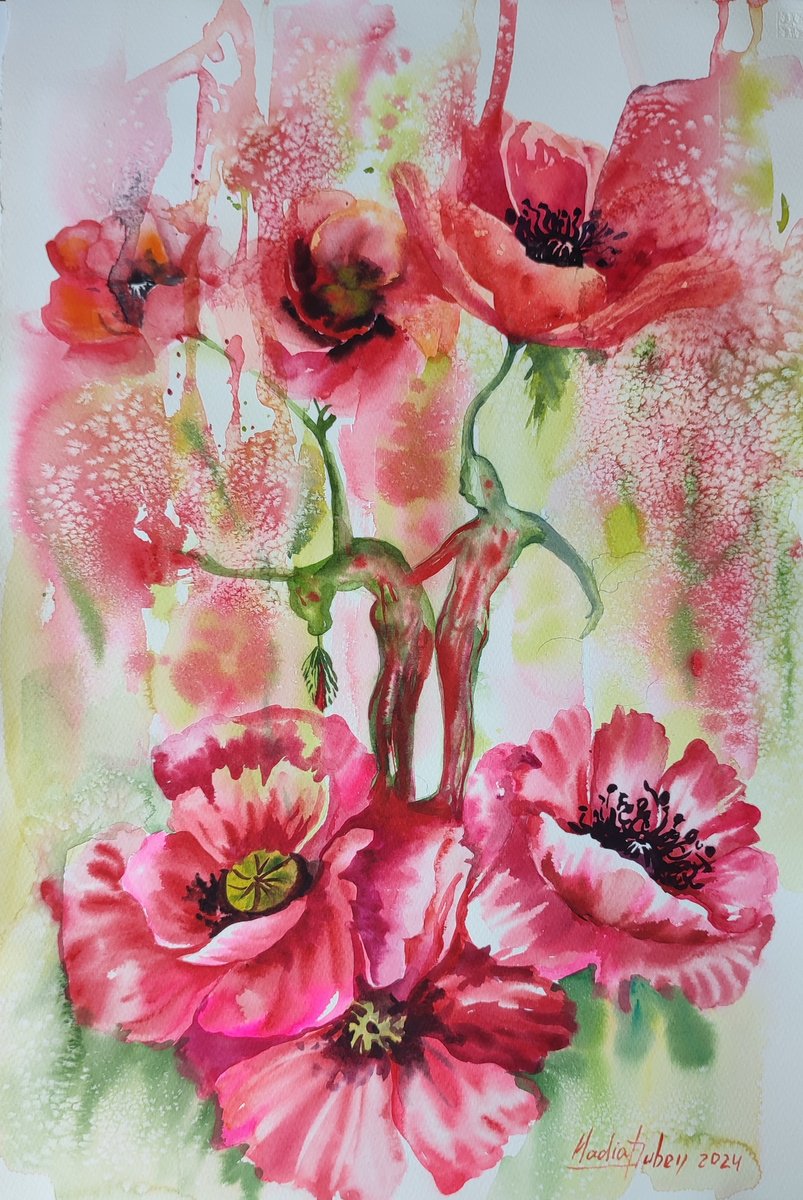 Impressionistic Botanical Watercolour By Nadiia Dubei, 15 X 22", Flowers And People, Original Artwork