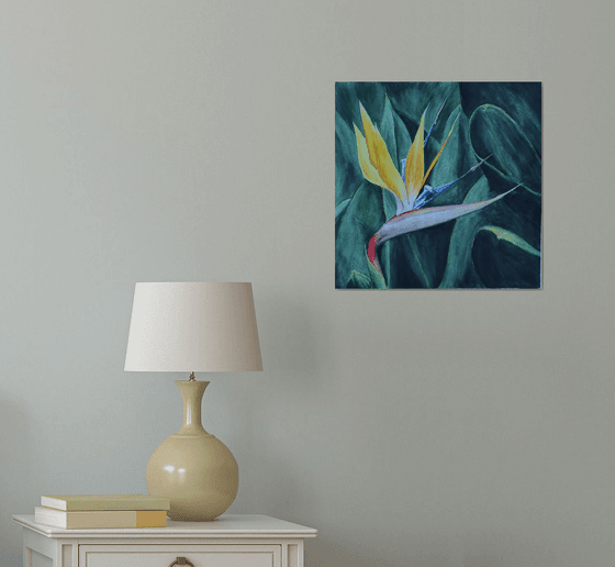 Bird of paradise. Yellow flower watercolor painting by Svetlana Vorobyeva