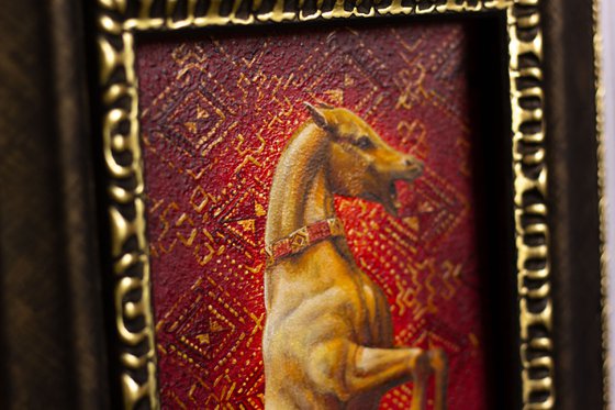 Golden Akhal-Teke. Miniature oil painting