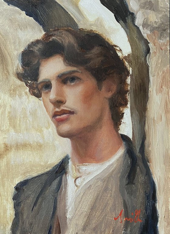 Impressionist style Male portrait oil painting, with wooden frame.