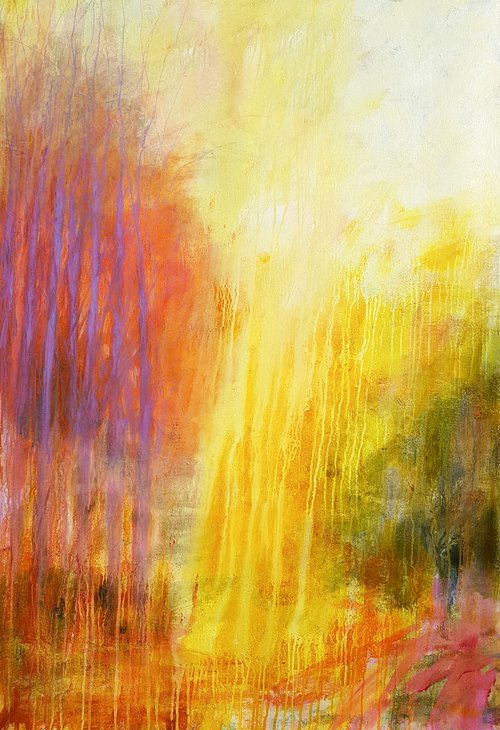 Rain of light - LARGE abstract painting UNSTRETCHED Yellow Orange Red Mauve White Dripping by Fabienne Monestier