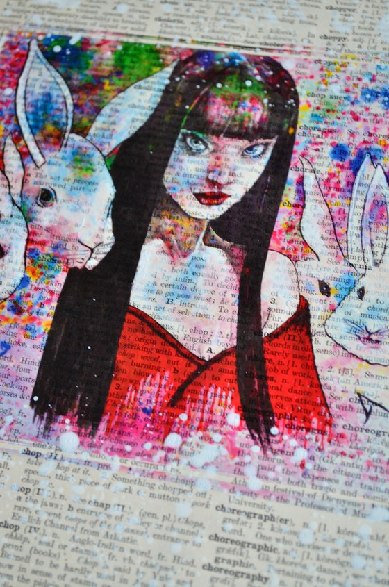 Alice And Bunny - Collage Art on Large Real English Dictionary Vintage Book Page