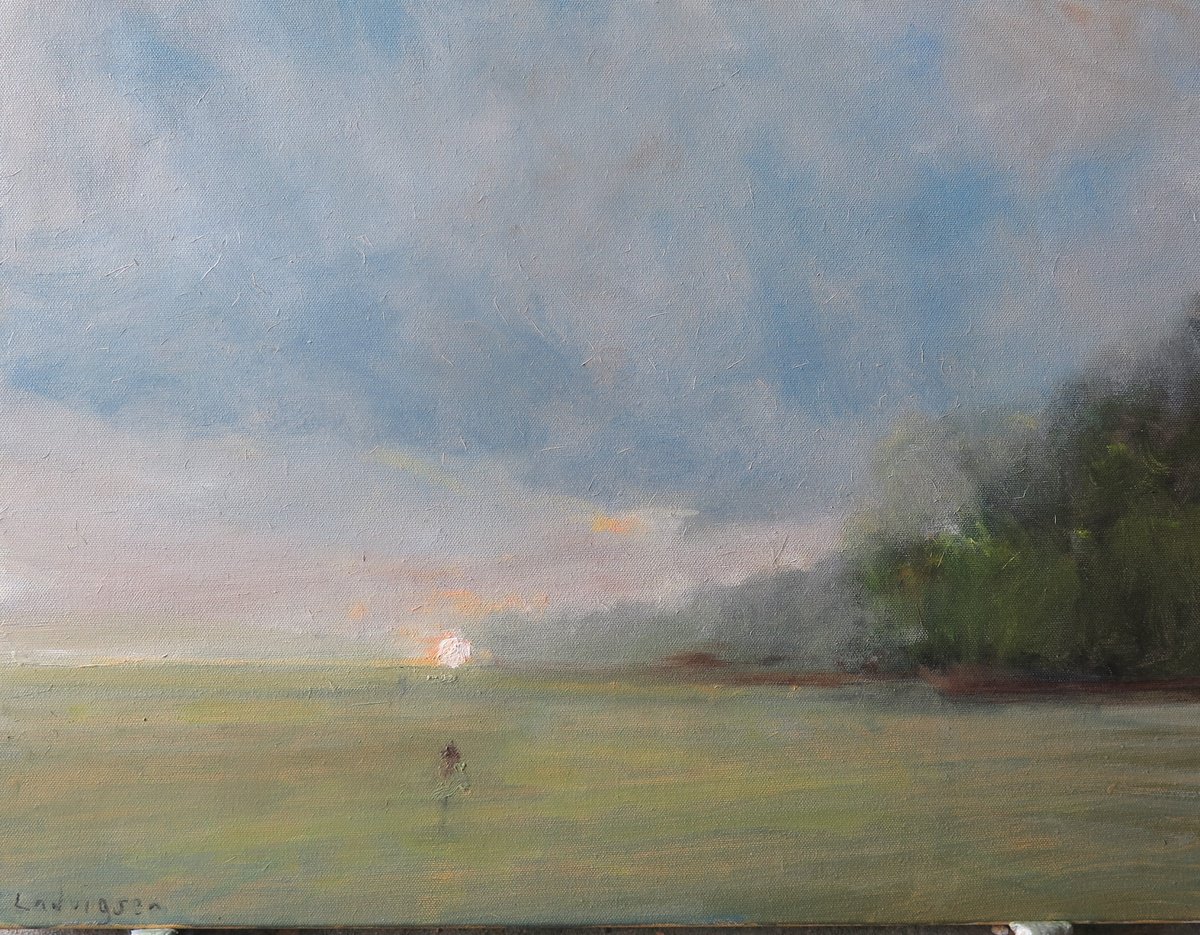 Impressionistic Landscape Oil Painting By Malcolm Ludvigsen, 24 X 18", Misty Sunrise, Original Artwork