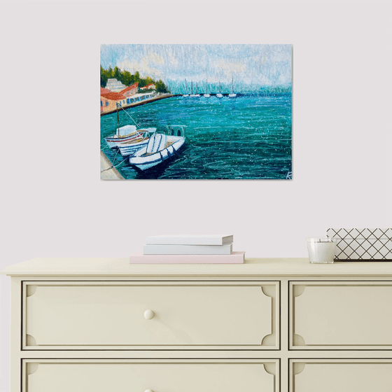 Sea Original Painting, Boats Oil Pastel Drawing, Greece Seascape Art, Blue Home Decor