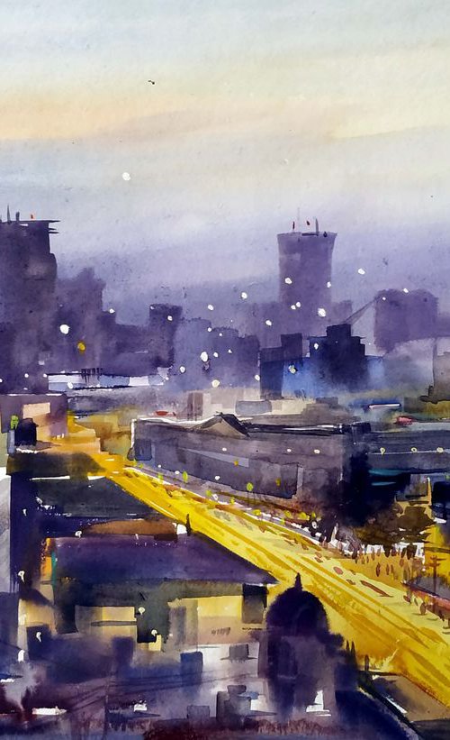 Evening City from Top View - Watercolor on Paper Painting by Samiran Sarkar