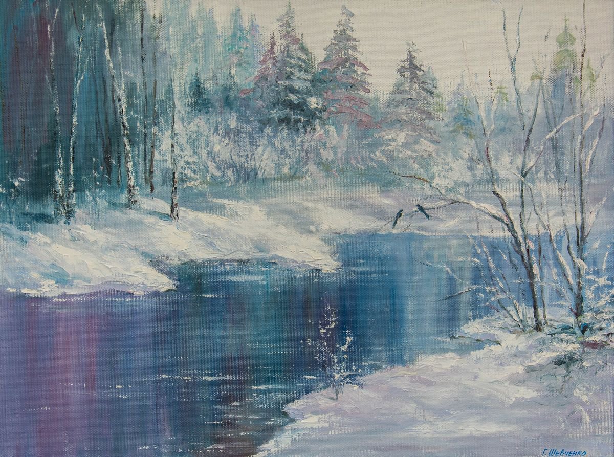 Impressionistic Landscape Oil Painting By Galyna Shevchencko, 31 X 24, Winter, Original Artwork