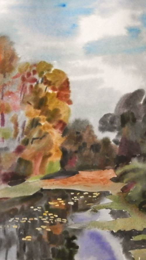 Trees on the river, large watercolor 98x68 cm by Valentina Kachina