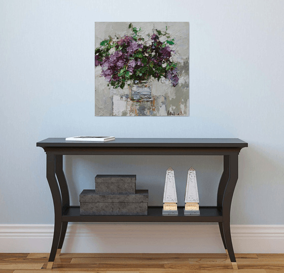 Still life with lilacs in a vase - impasto painting