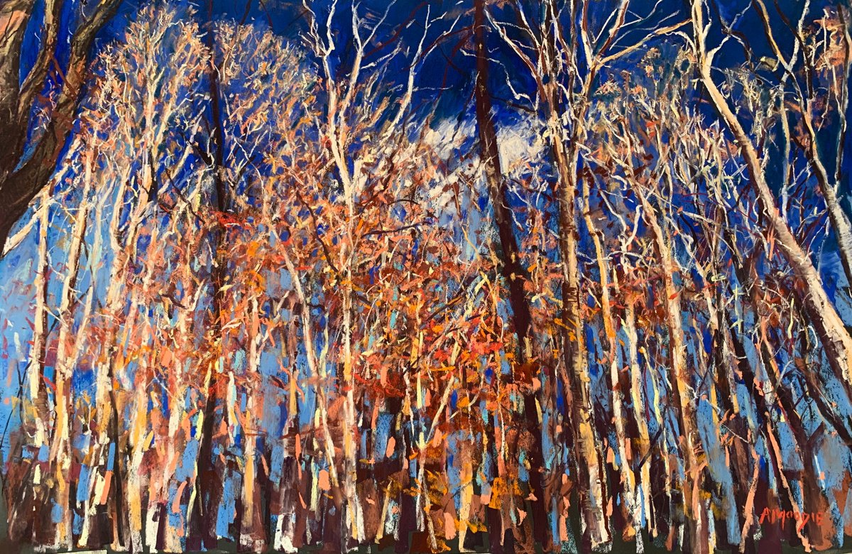 Impressionistic Landscape Pastel Drawing By Andrew Moodie, 24 X 16, Autumn Steeples, Original Artwork