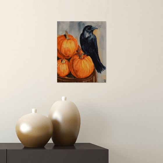 Halloween original watercolor painting, raven on pumpkins, mystic gothic wall art