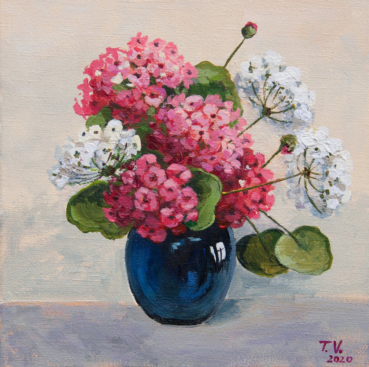 Geranium. Painting. Floral still life. 8 x 8in. by Tetiana Vysochynska