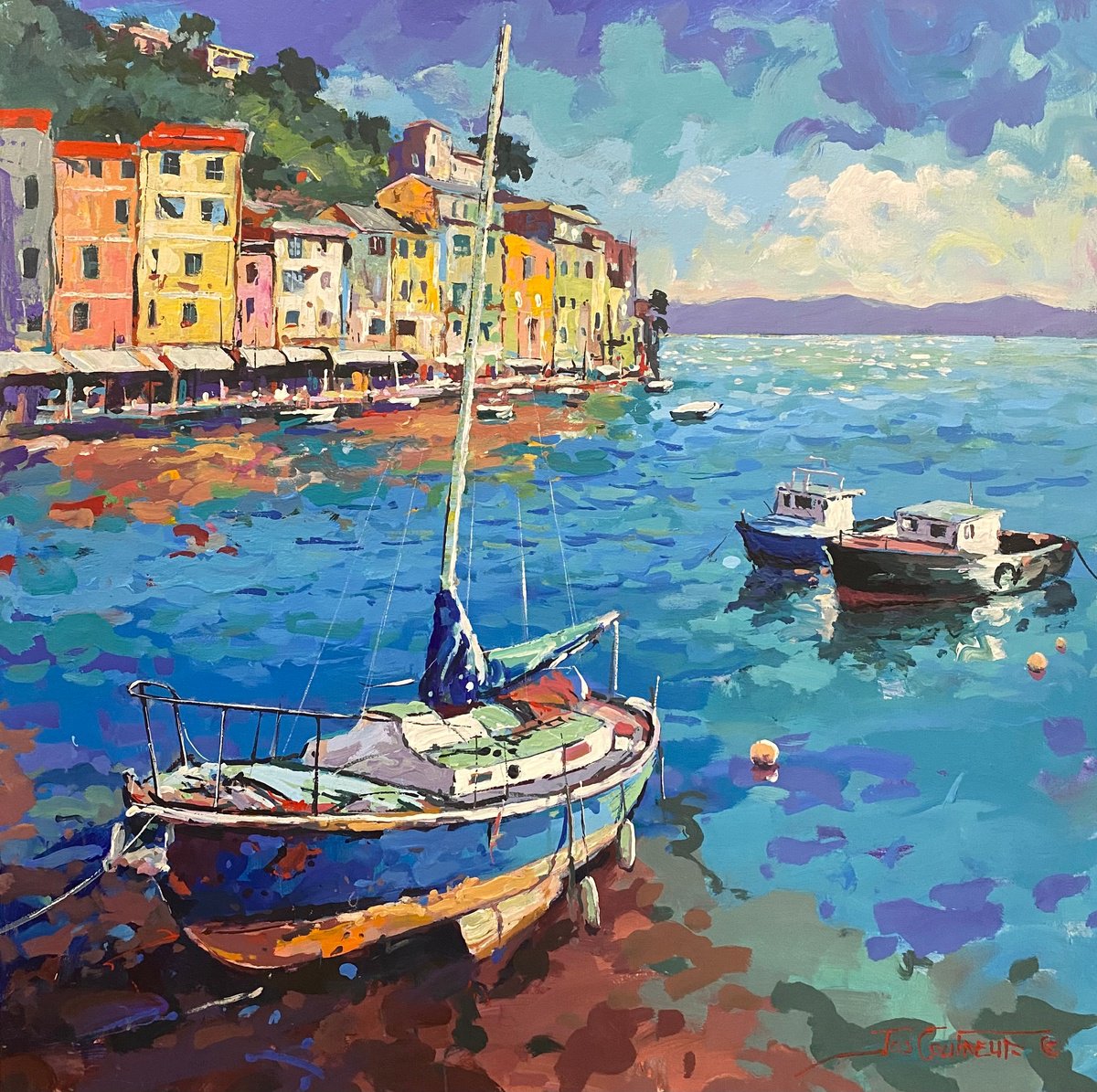 Impressionistic Landscape Acrylic Painting By Jos Coufreur, 39 X 39, Boats In The Mediterranean, Original Artwork