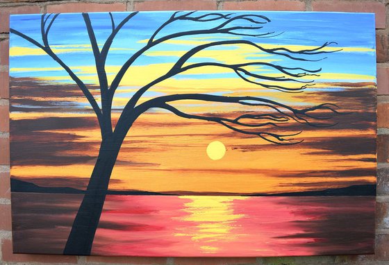 landscape large wall art original abstract sunset sunrise painting art canvas - 24 x 36 x 1.5  inches