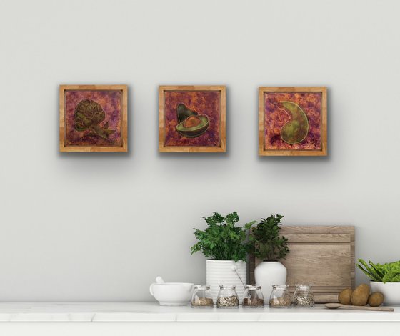 Triptych food oil paintings with artichoke, avocado, pear