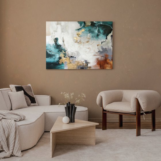 "Teal Flash" Teal gold acrylic abstract art