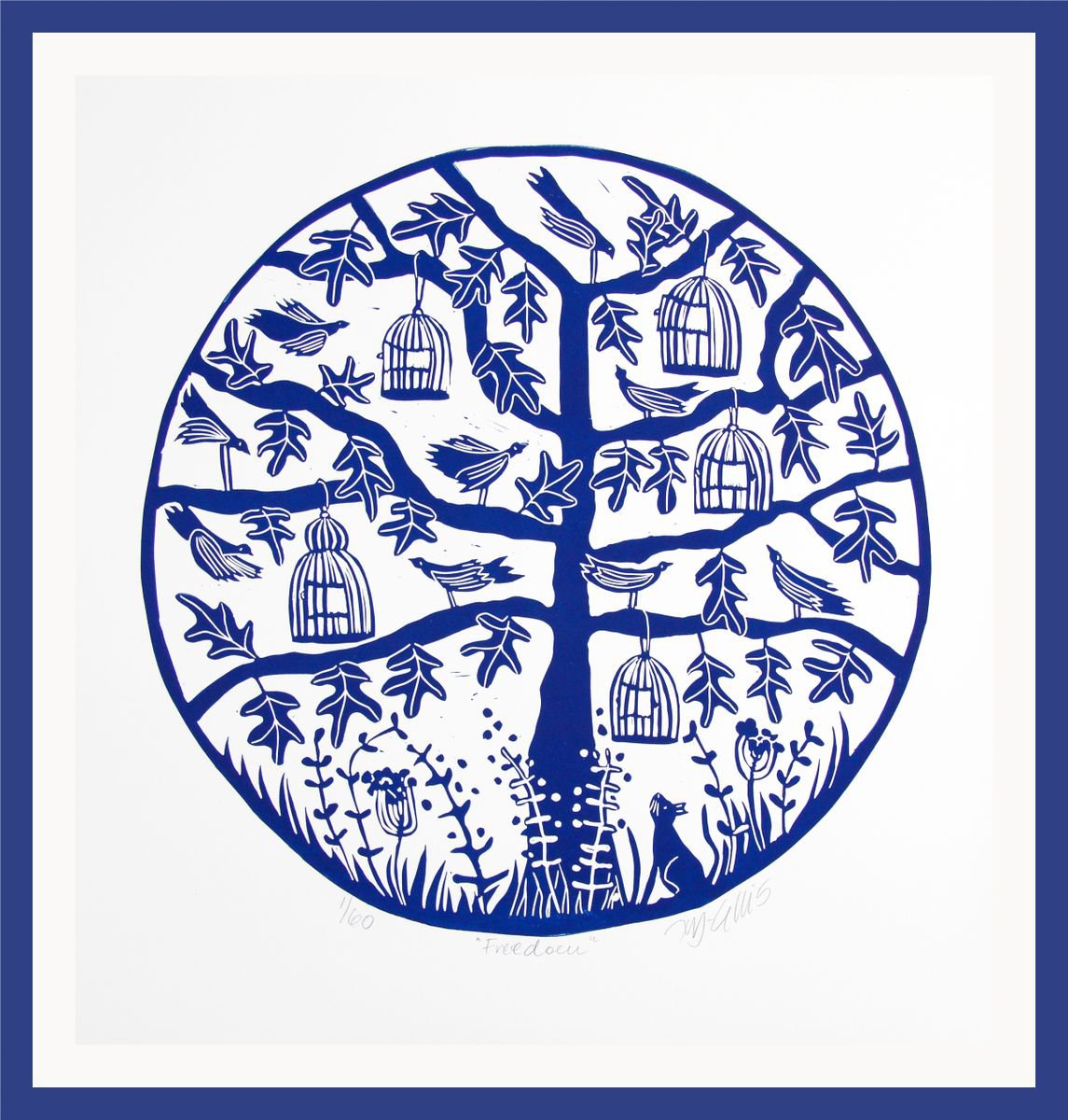 Freedom, round linocut printed in blue and white by Mariann Johansen-Ellis
