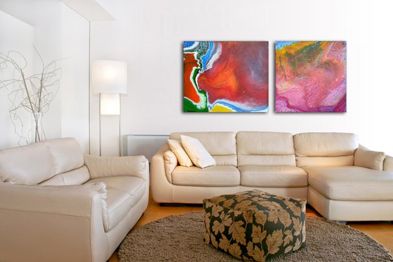 "Cracks and Bubbles" - Save As A Series - Original Large PMS Abstract Diptych Fluid Acrylic Paintings On Canvas - 66" x 30"