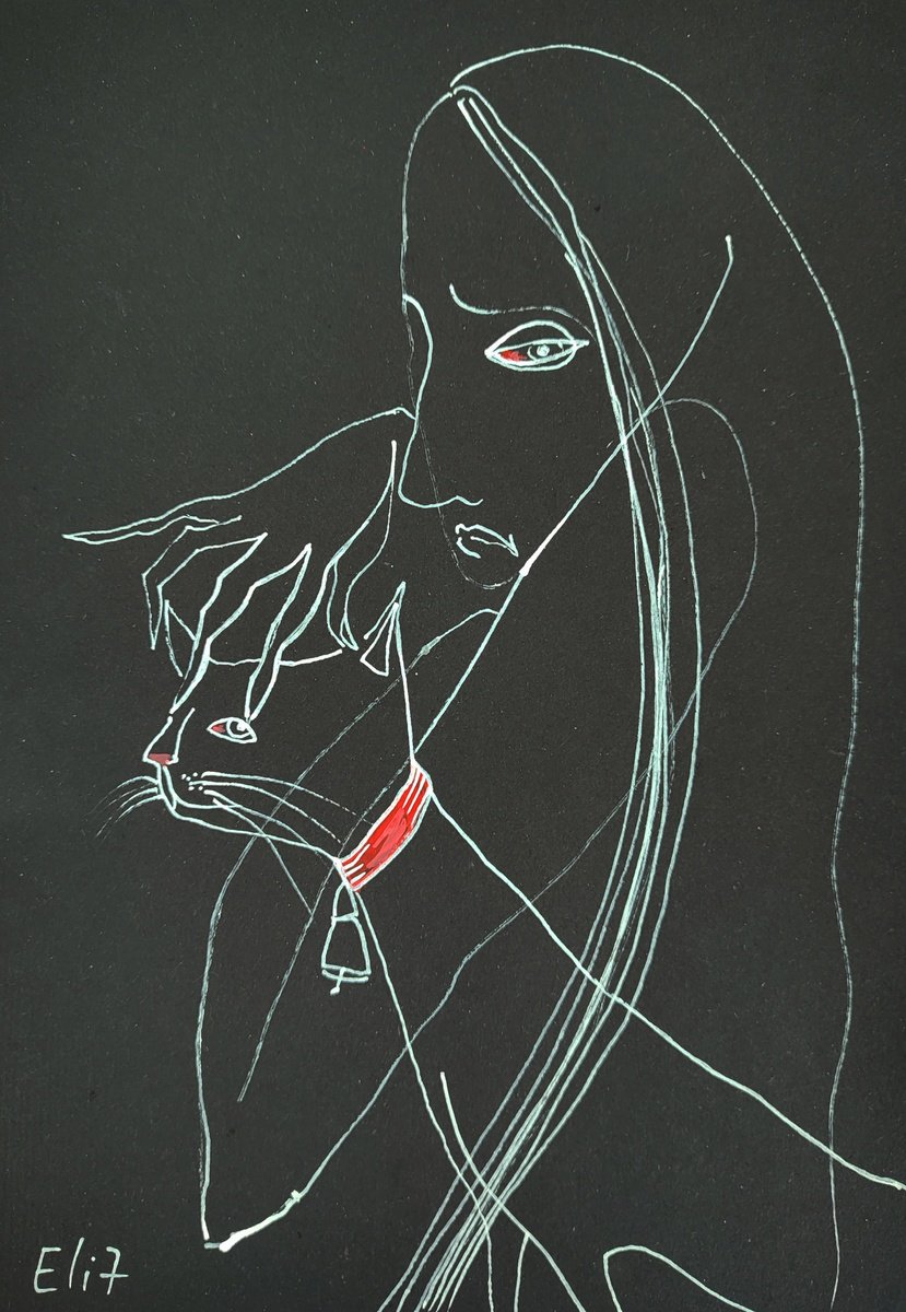 Expressive Animal Drawing By Elisheva Nesis, 9 X 13, Red Collar, Original Artwork