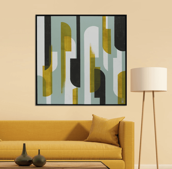 Square Abstract Painting - 105x105cm incl frame - Traffic Square Natural - Ronald Hunter 05M