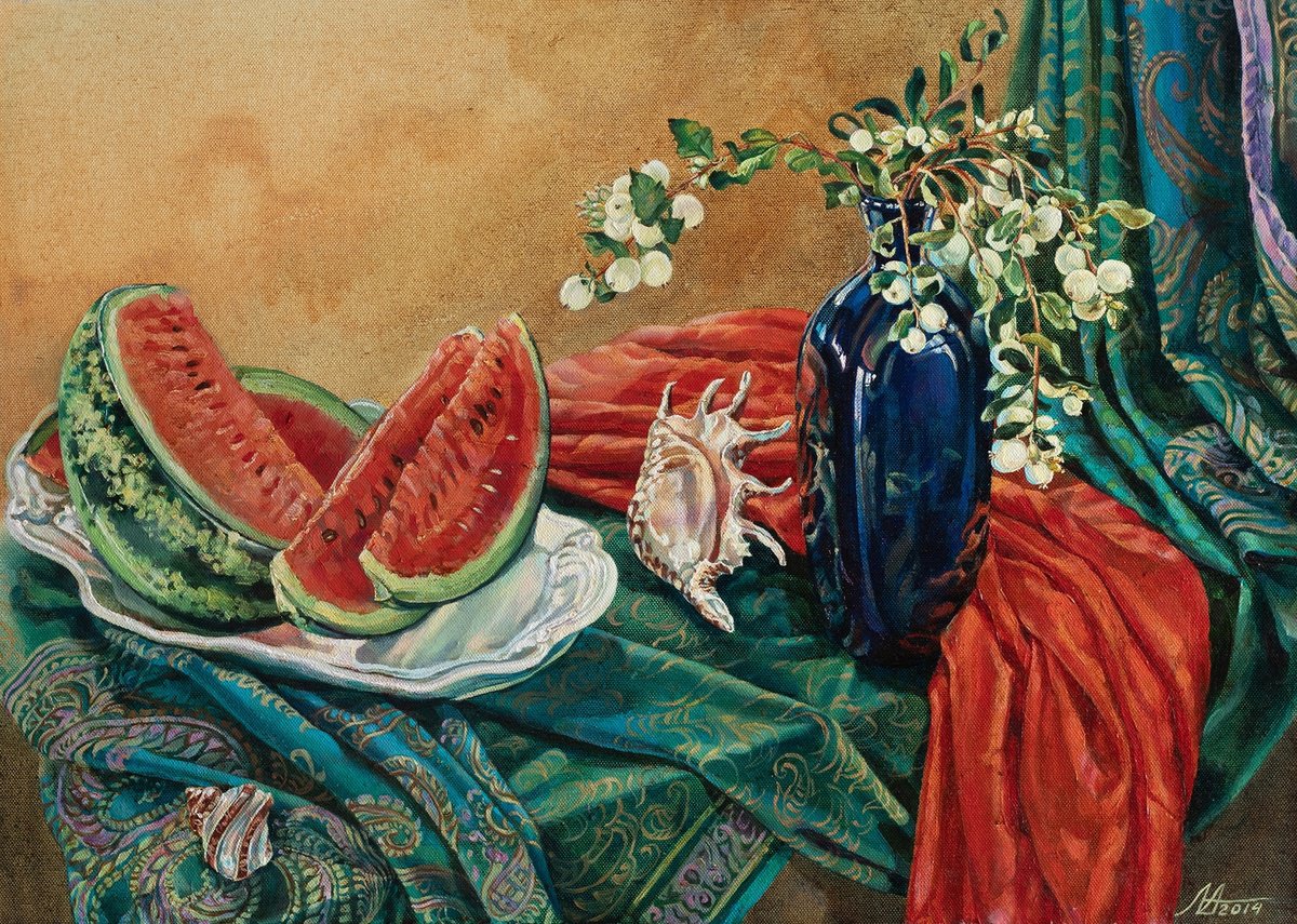 Photorealistic Still Life Oil Painting By Alona Lesnichenko, 28 X 20, Watermelon And Shells, Original Artwork