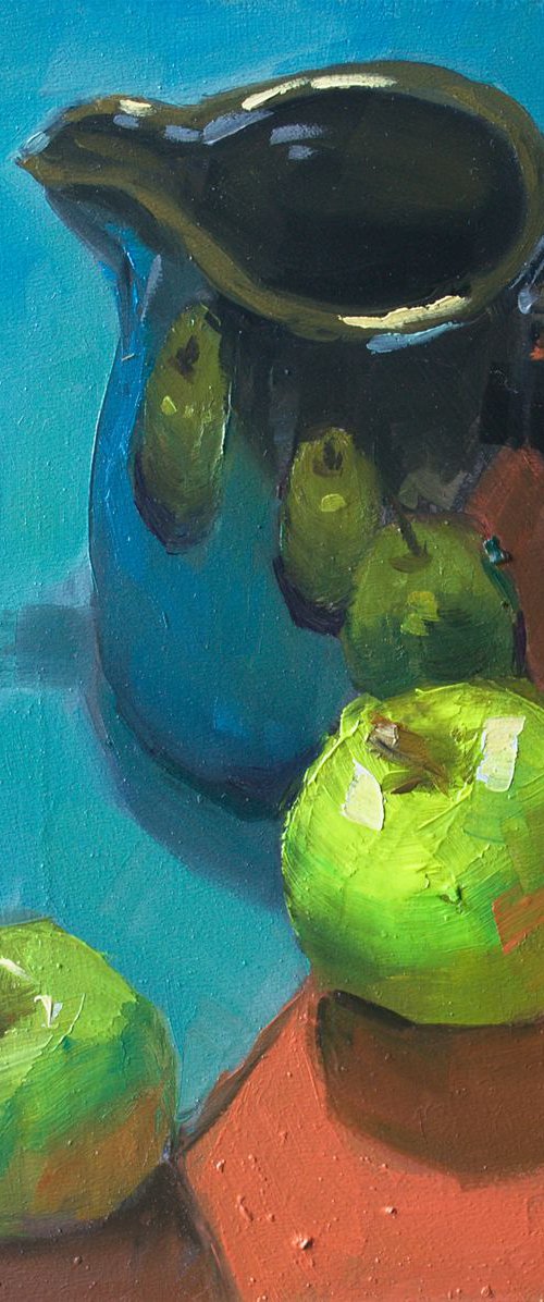 Kitchen Decor - Apples on Red and Blue, One of a kind artwork, Home decor by Nithya Swaminathan
