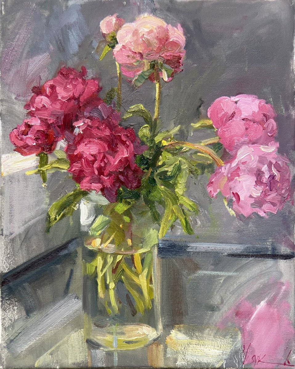 Peonies on the Glass Table by Nataliia Nosyk