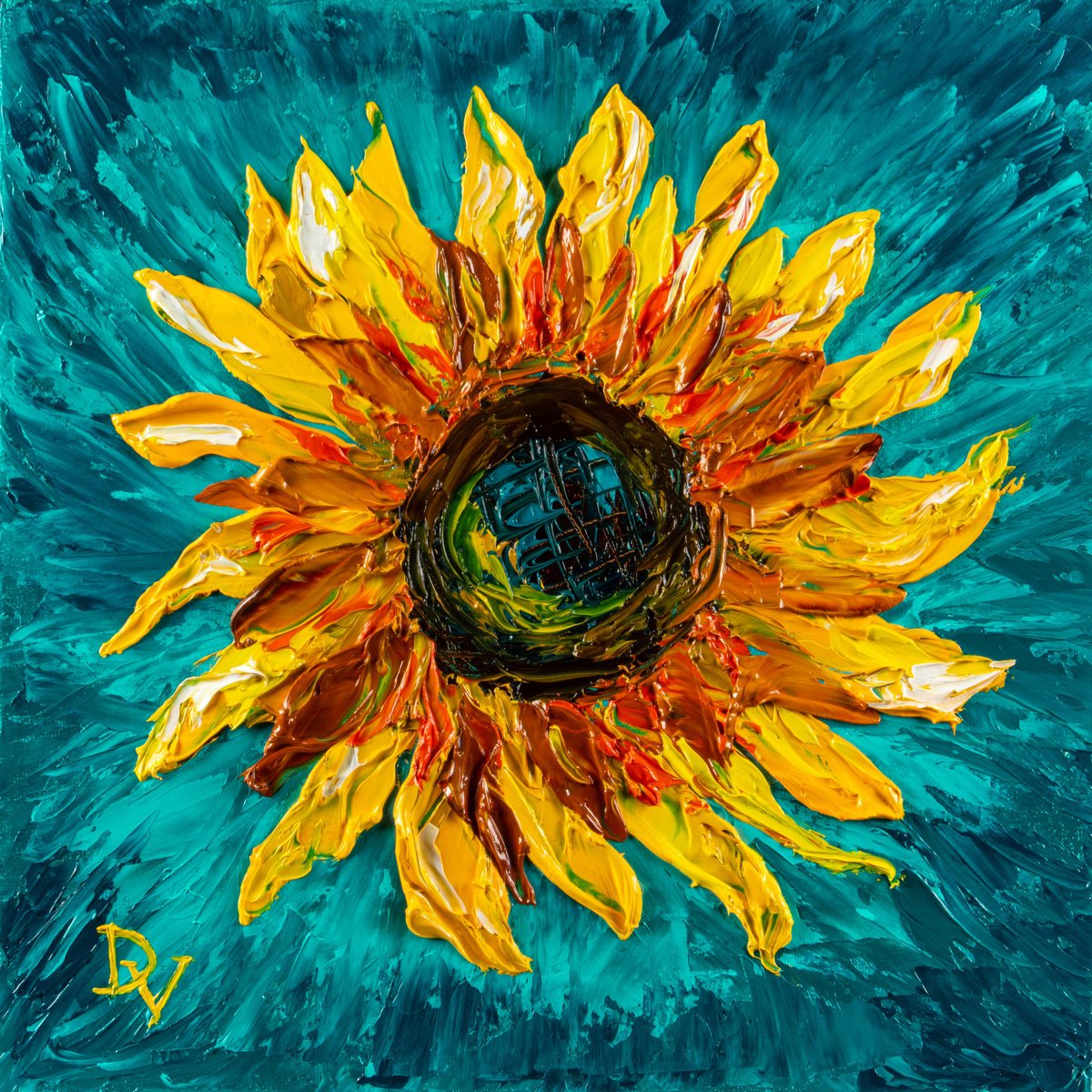 Impressionistic Botanical Oil Painting By Vladyslav Durniev, 12 X 12", Sunny Flower Of Hope, Original Artwork