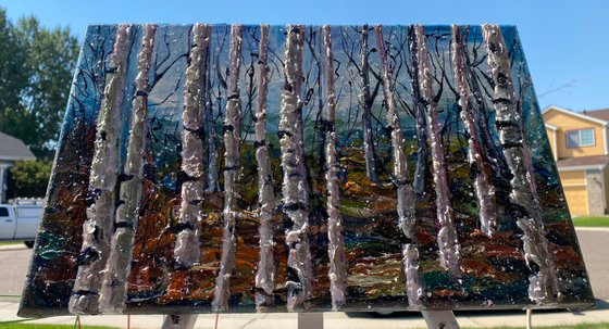 Winter landscape with  Birch Trees -   Impasto Original Painting  (palette knife)