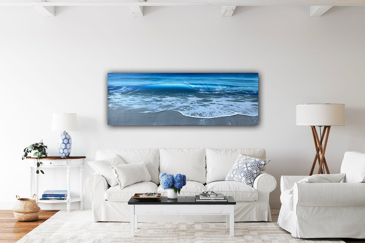 Photorealistic Landscape Oil Painting By Eva Volf, 60 X 20, Blue Mind, Original Artwork