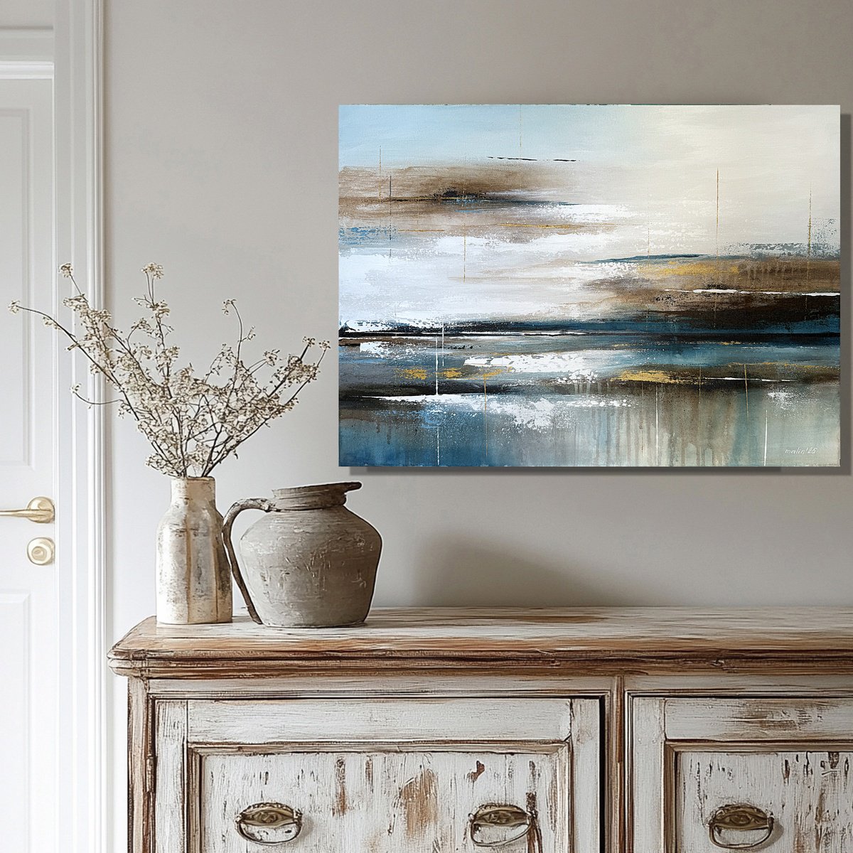 Expressive Landscape Acrylic Painting By Tatiana Malinovscaia, 28 X 20", Azure Tide With Golden Accents, Original Artwork