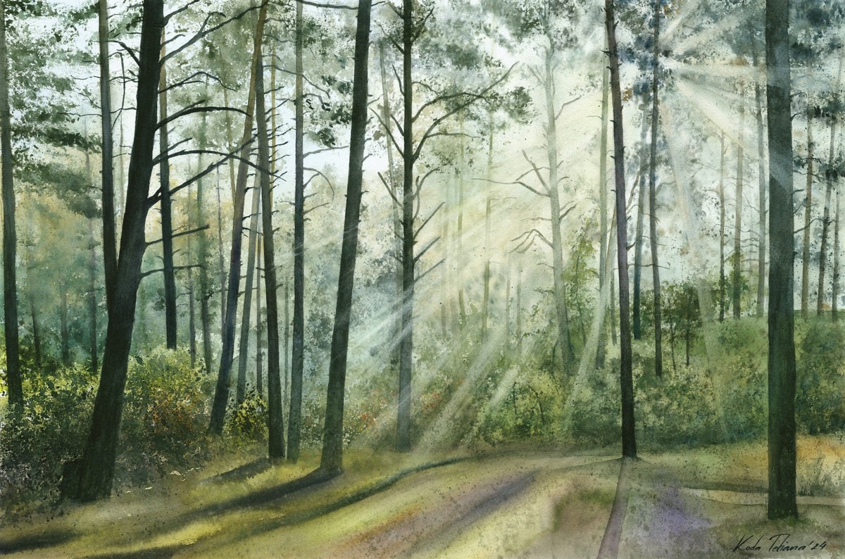 Photorealistic Landscape Watercolour By Tetiana Koda, 22 X 15", In The Forest, 55X37 Cm, Original Artwork