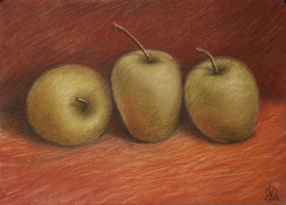 Three Apples (21.5x29.5 cm) original pastel still life realistic