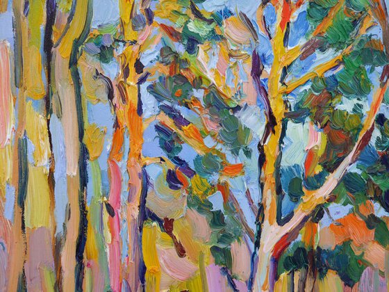 Autumn pine trees (plein air, original oil painting)